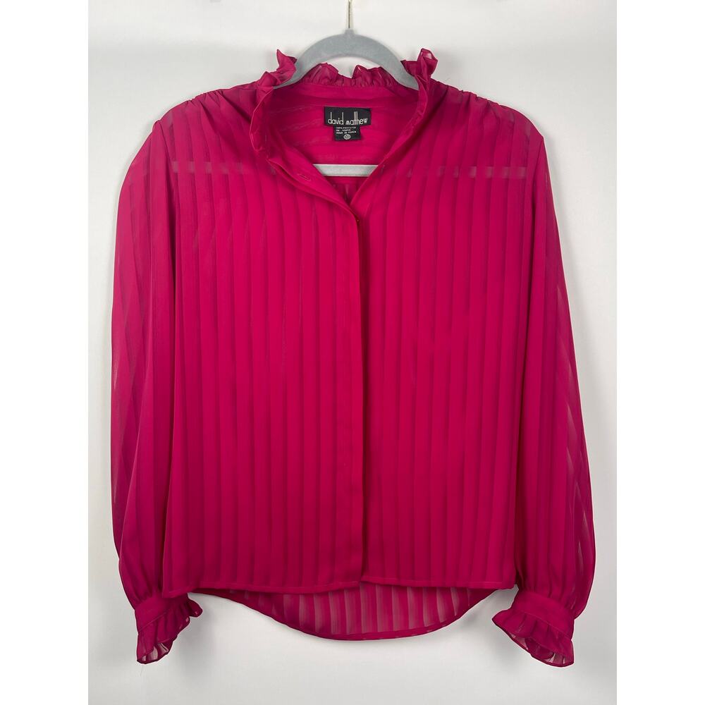 Vintage 1980s David Matthew Sheer Fuchsia Ruffle Blouse Striped High Neck Sz 10 - Picture 5 of 8